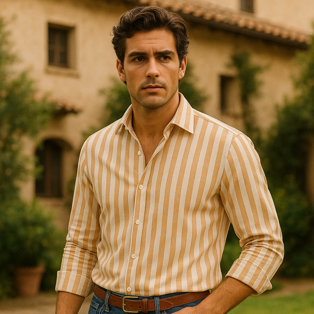 Camille | Men's Striped Linen Shirt Long Sleeve Blue Cream