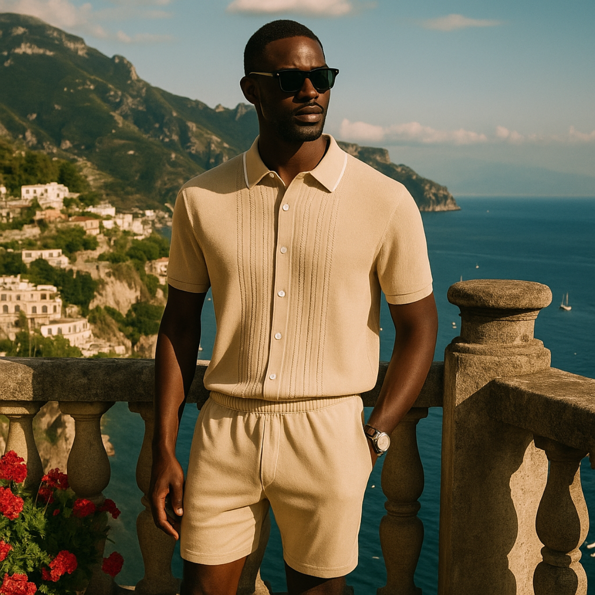 Alma | Men's Knit Polo Shirt Shorts Set Black