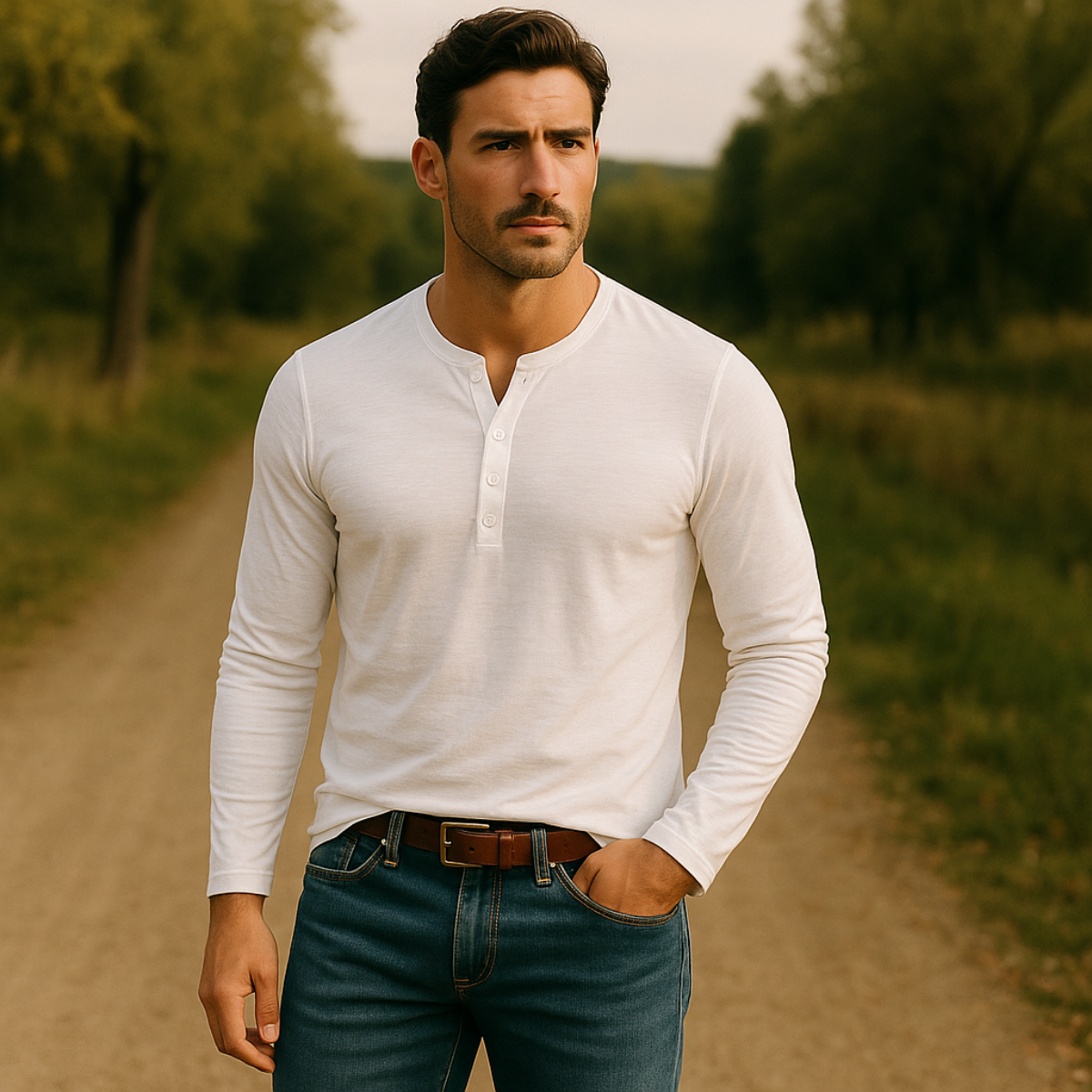 Bram | Men's Long Sleeve Henley Shirt Olive Green Button Placket