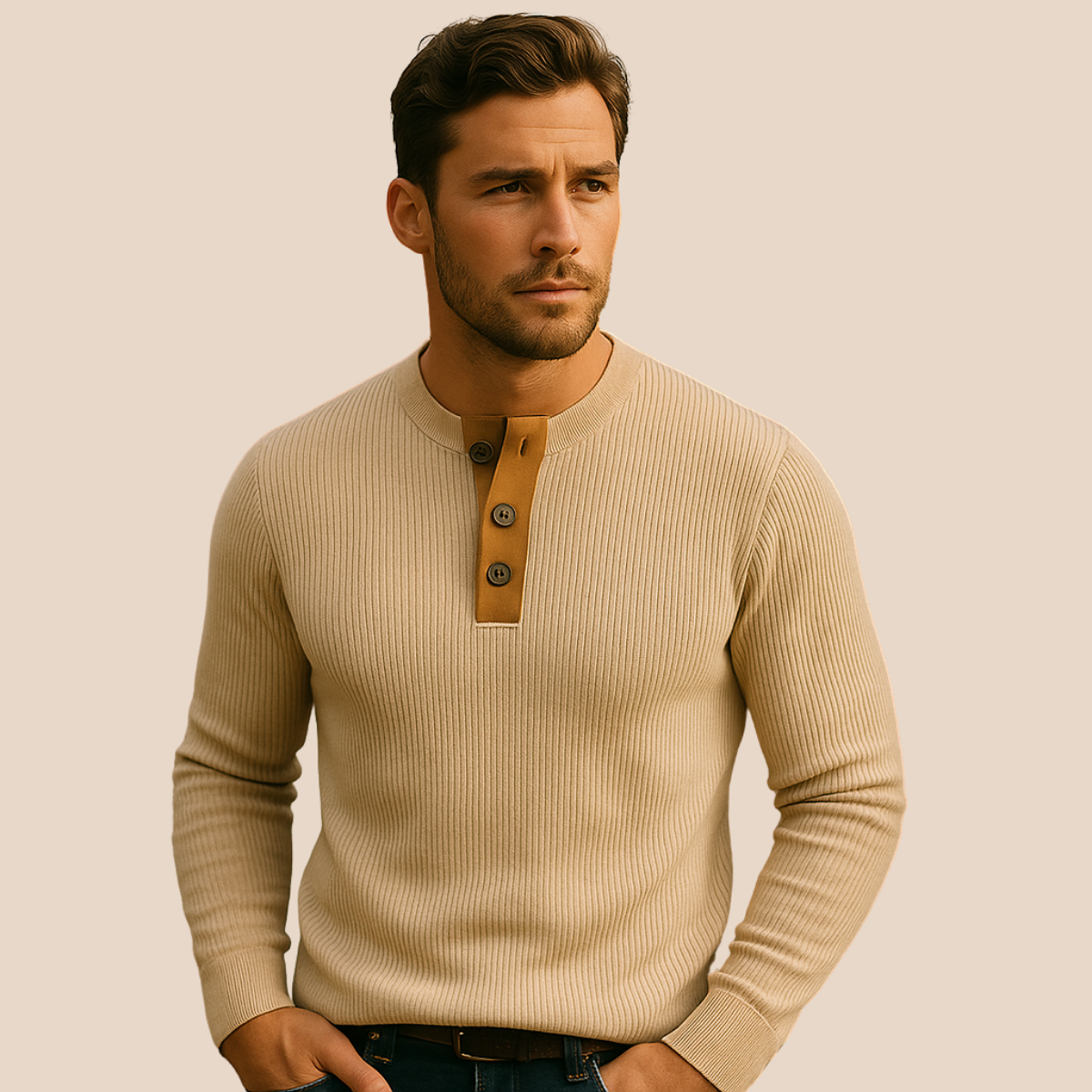 Axel | Men's Ribbed Crew Neck Sweater Cream Henley Button Placket
