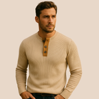 Dama Washington Axel men's ribbed crew neck sweater cream henley button placket - view 4