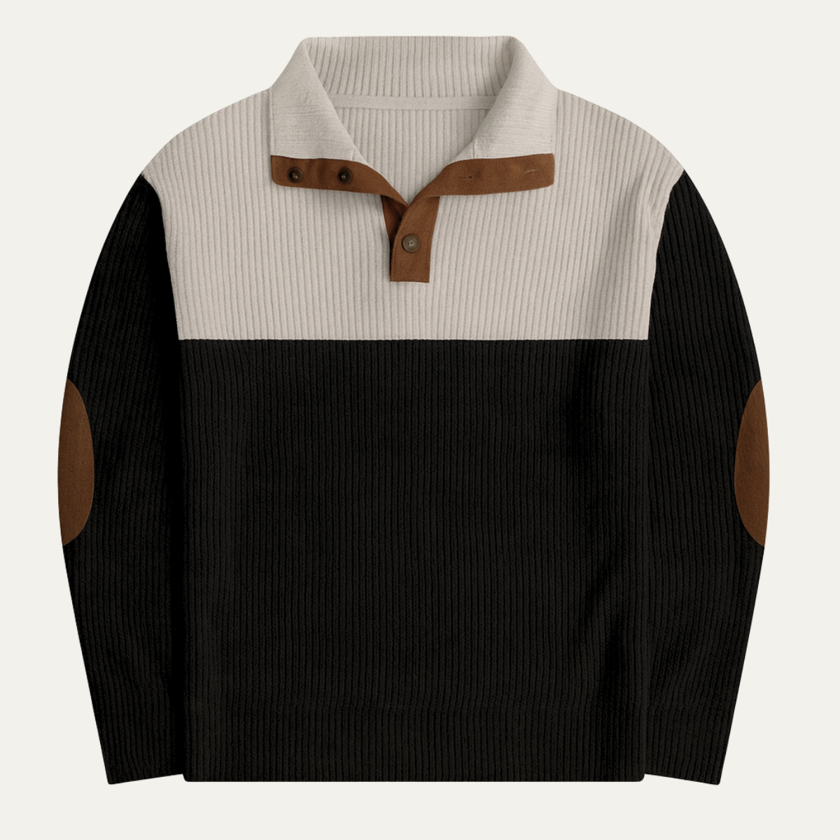 Bram | Men's Color Block Henley Sweater Cream Black Elbow Patches
