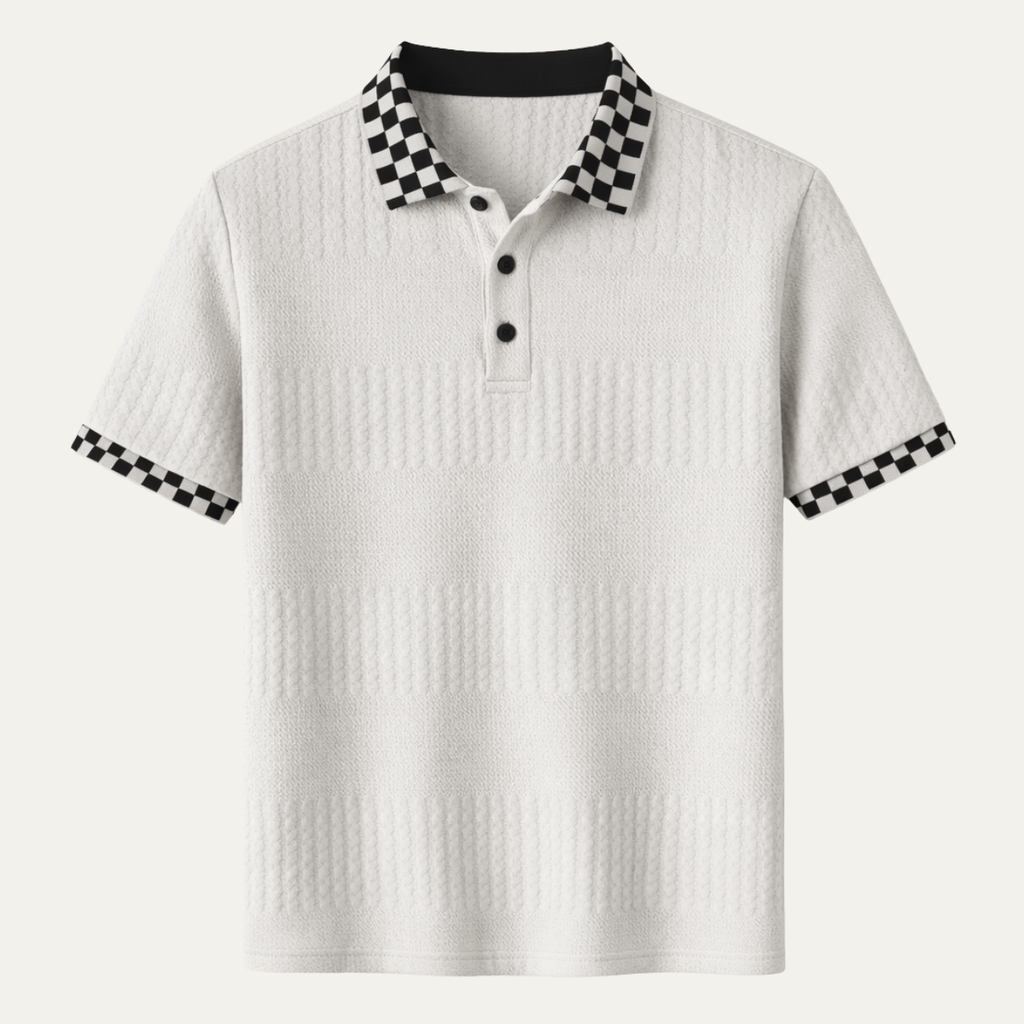 Dama Washington Kai men's textured knit polo shirt cream checkered collar - view 2