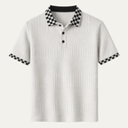 Dama Washington Kai men's textured knit polo shirt cream checkered collar - view 2