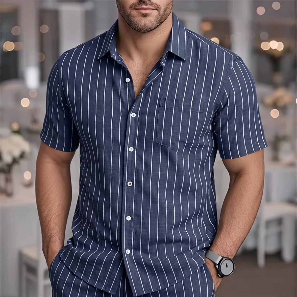 Kai | Men's Pinstripe Short Sleeve Button Up Shirt