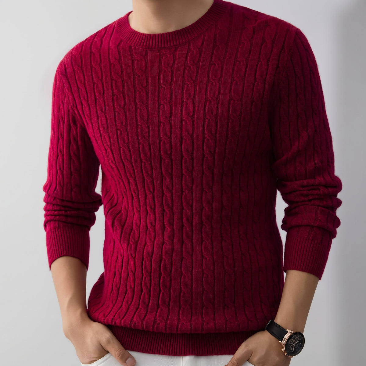 Sage | Men's Cable Knit Sweater Crew Neck