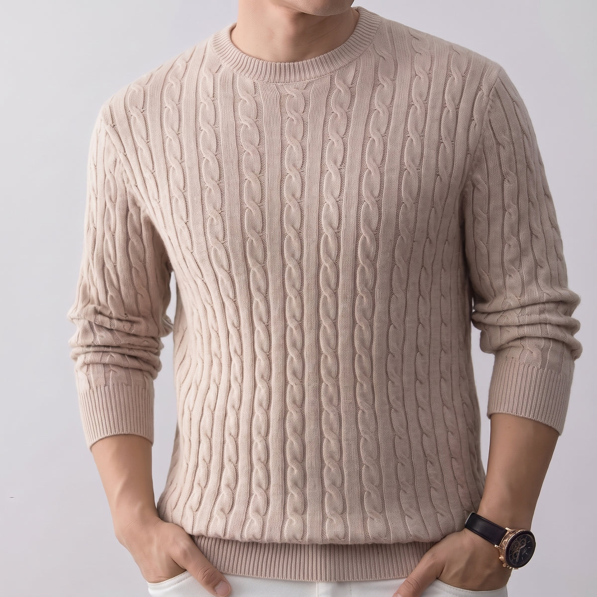 Sage | Men's Cable Knit Sweater Crew Neck