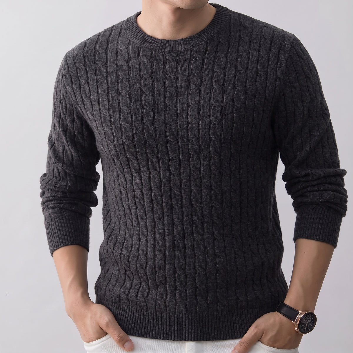 Sage | Men's Cable Knit Sweater Crew Neck