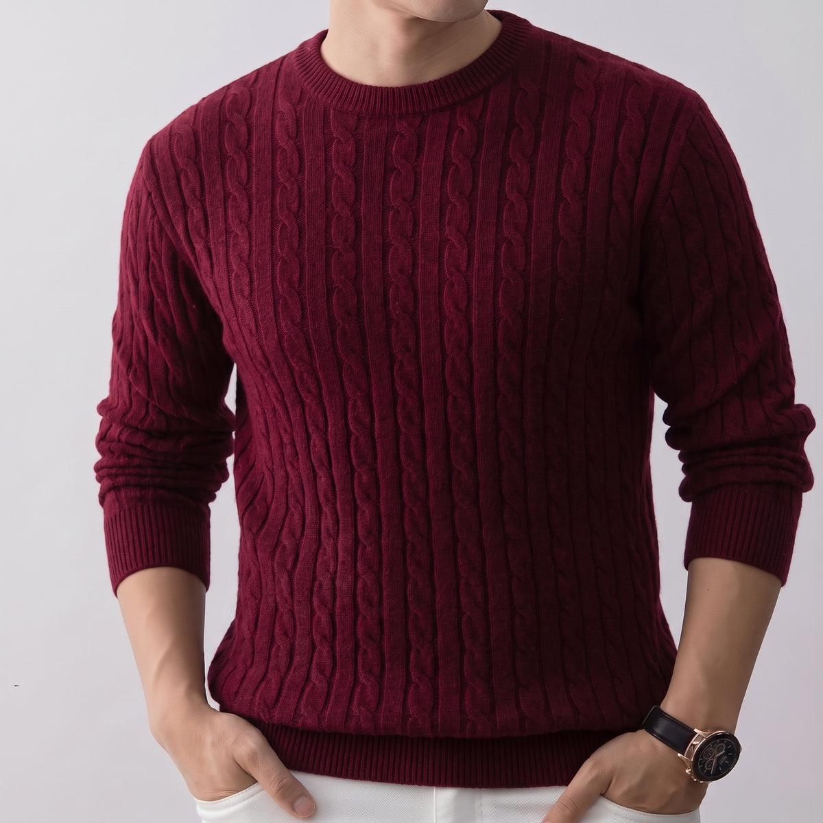 Sage | Men's Cable Knit Sweater Crew Neck