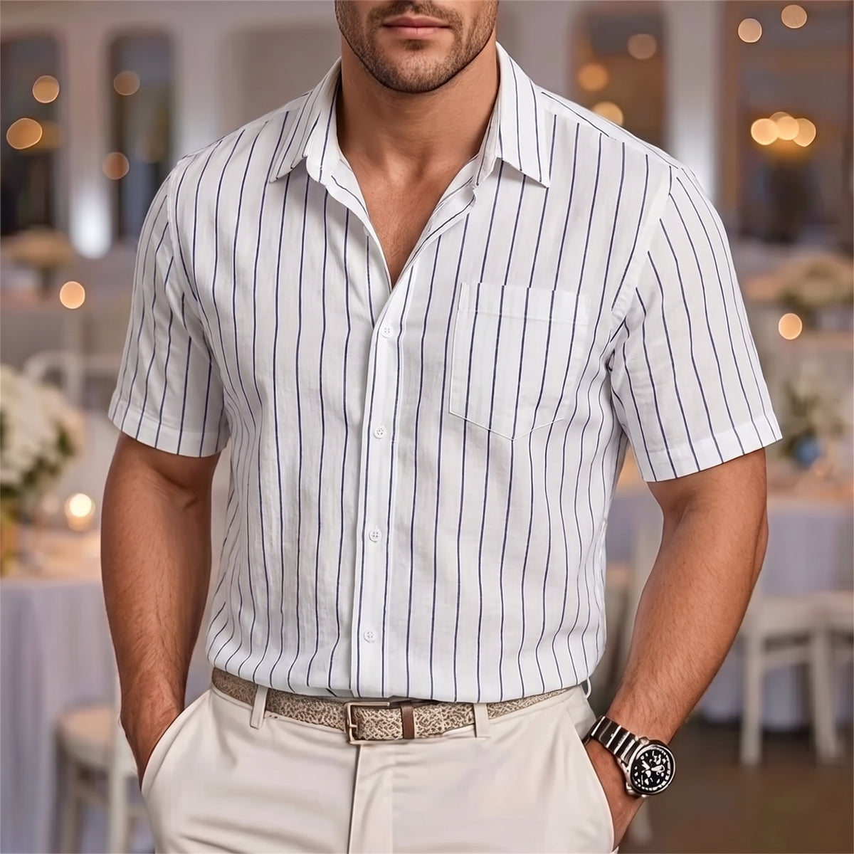 Kai | Men's Pinstripe Short Sleeve Button Up Shirt