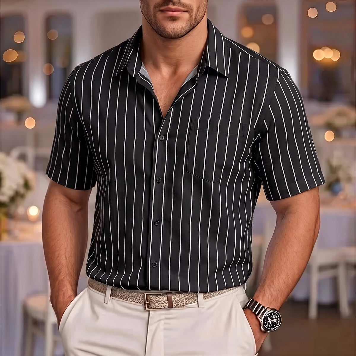 Kai | Men's Pinstripe Short Sleeve Button Up Shirt