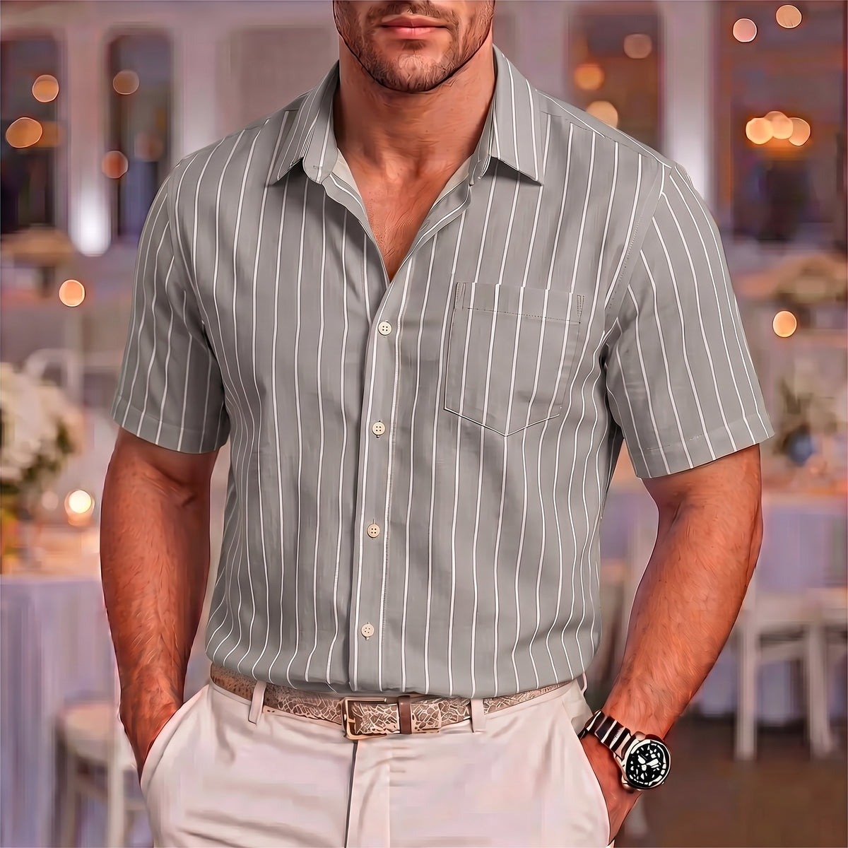 Kai | Men's Pinstripe Short Sleeve Button Up Shirt