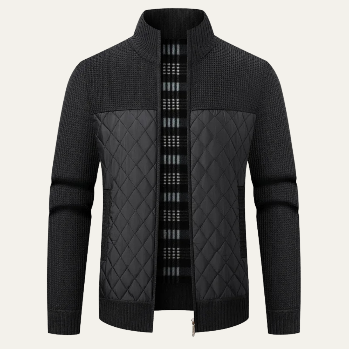 Kade | Men's Quilted Puffer Cardigan Black Knit