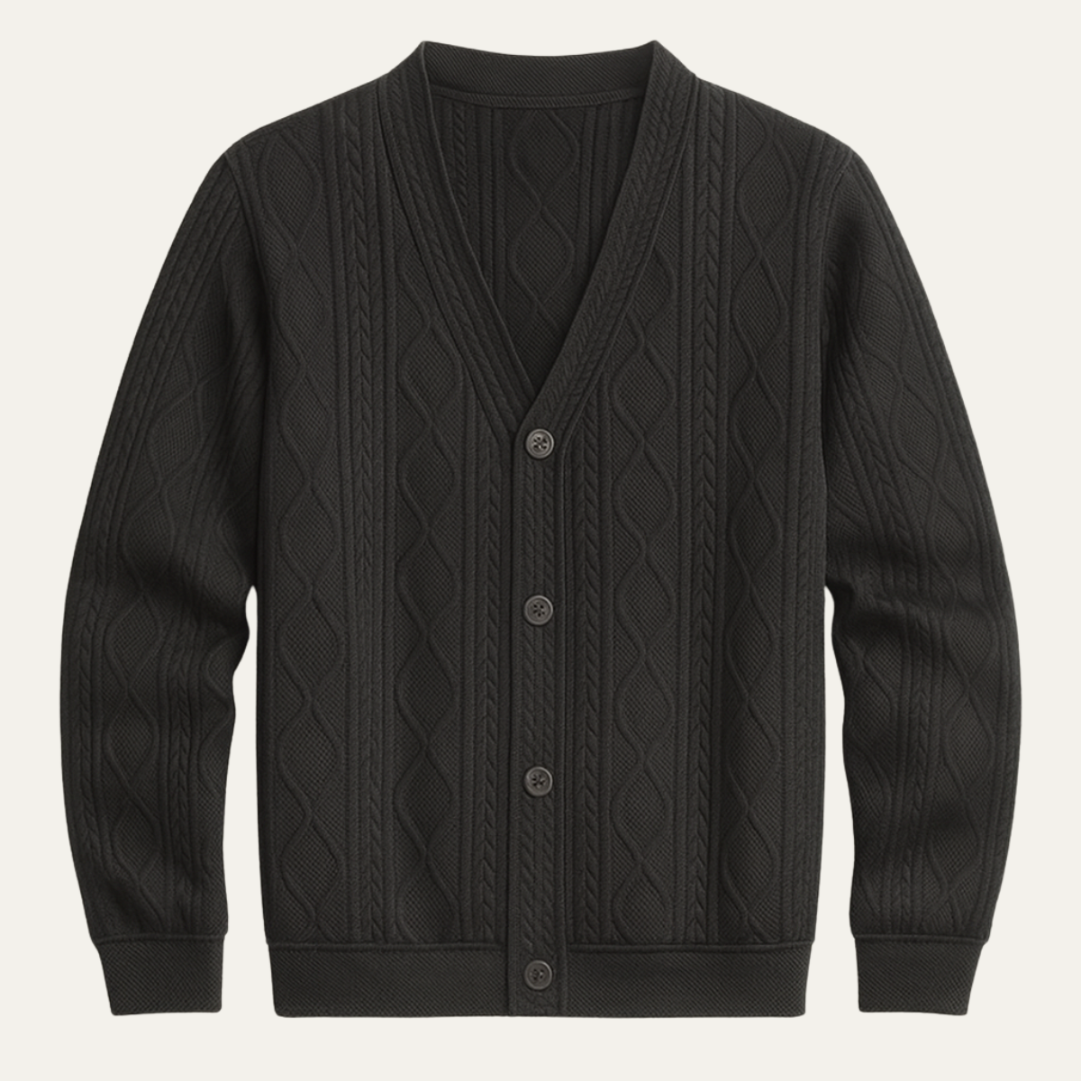 Beau | Men's Cable Knit Diamond Pattern V Neck Cardigan Black