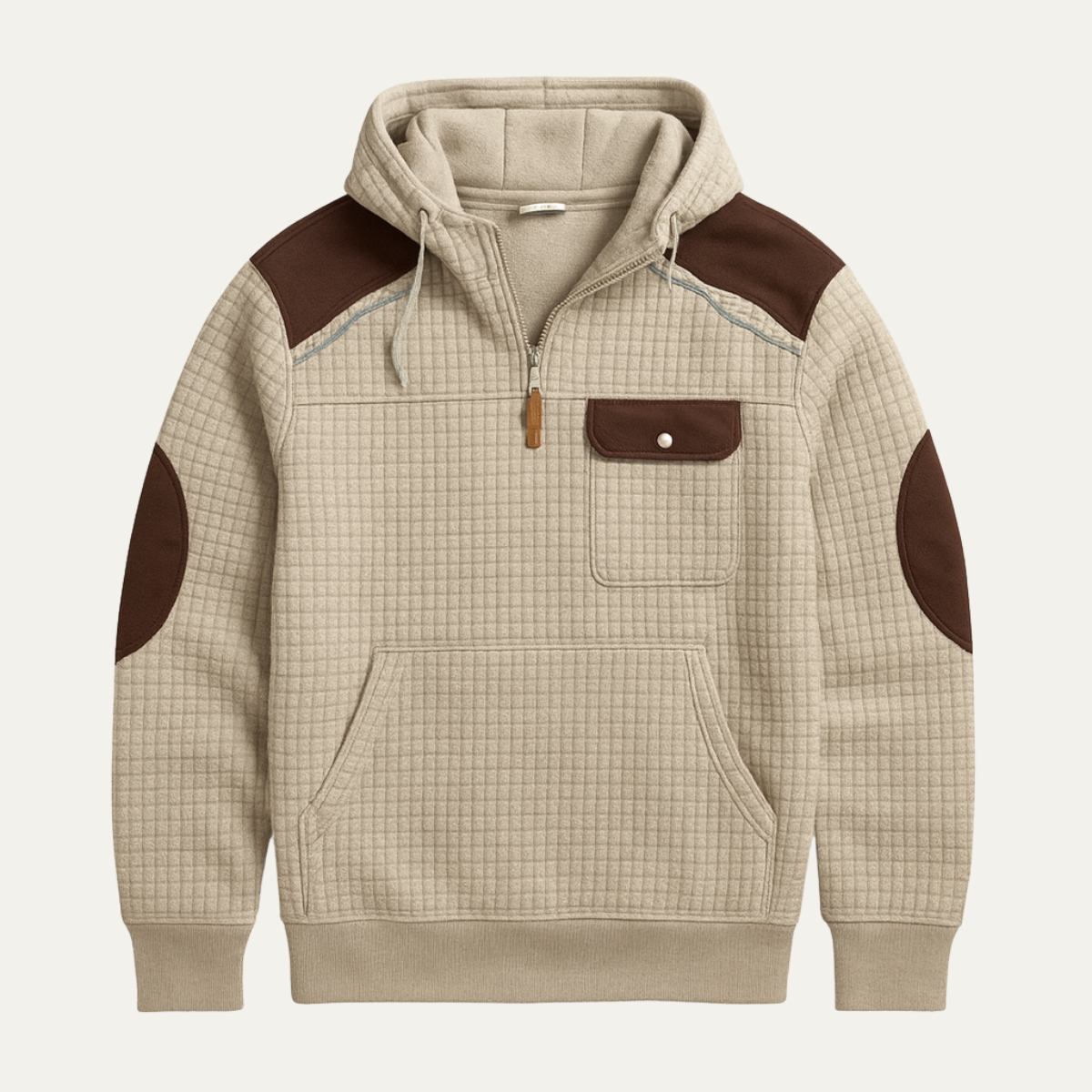 Voss | Men's Quilted Pullover Hoodie Cream Brown Colorblock