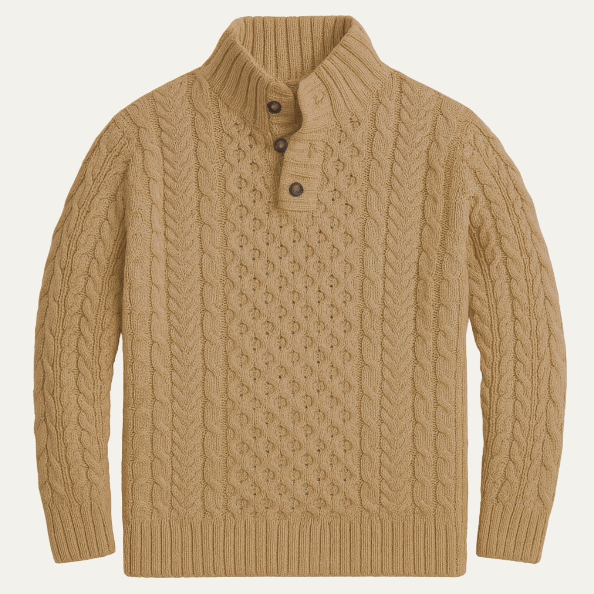 Beau | Men's Cable Knit Sweater Cream Quarter Zip Button Neck