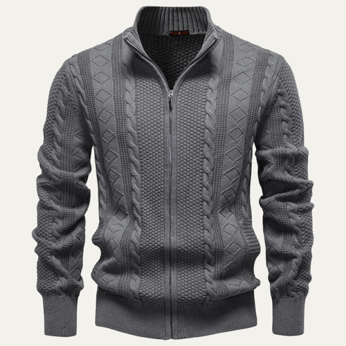 Dama Washington Axel men's cable knit zip cardigan gray - front view
