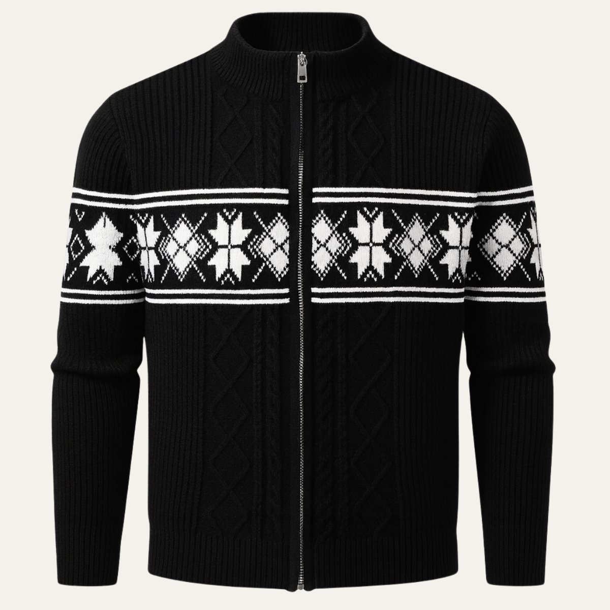 Axel | Men's Cable Knit Zip Up Cardigan Black Nordic Pattern