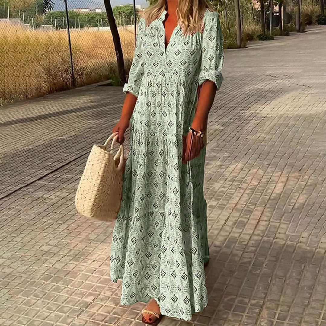 Liv | Women's Boho Maxi Dress Light Blue Leaf Print