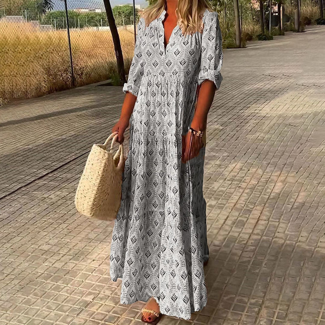 Liv | Women's Boho Maxi Dress Light Blue Leaf Print