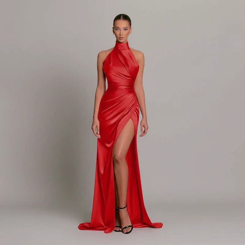Greta | Women's Satin Halter Maxi Dress High Slit