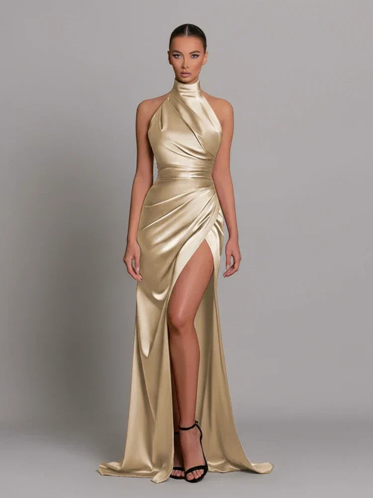 Greta | Women's Satin Halter Maxi Dress High Slit