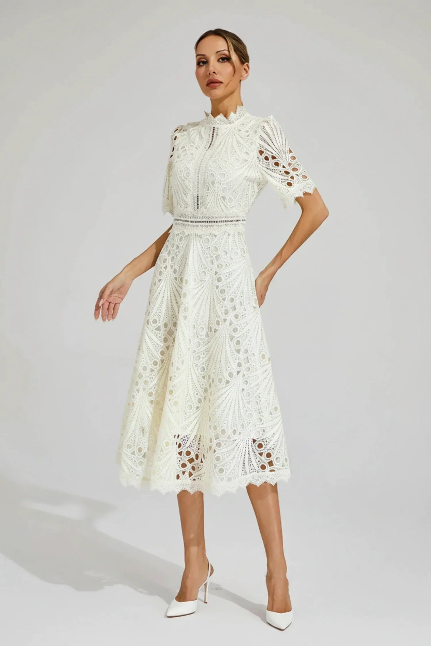 Mia | Women's Lace Midi Dress Puff Sleeve Pink