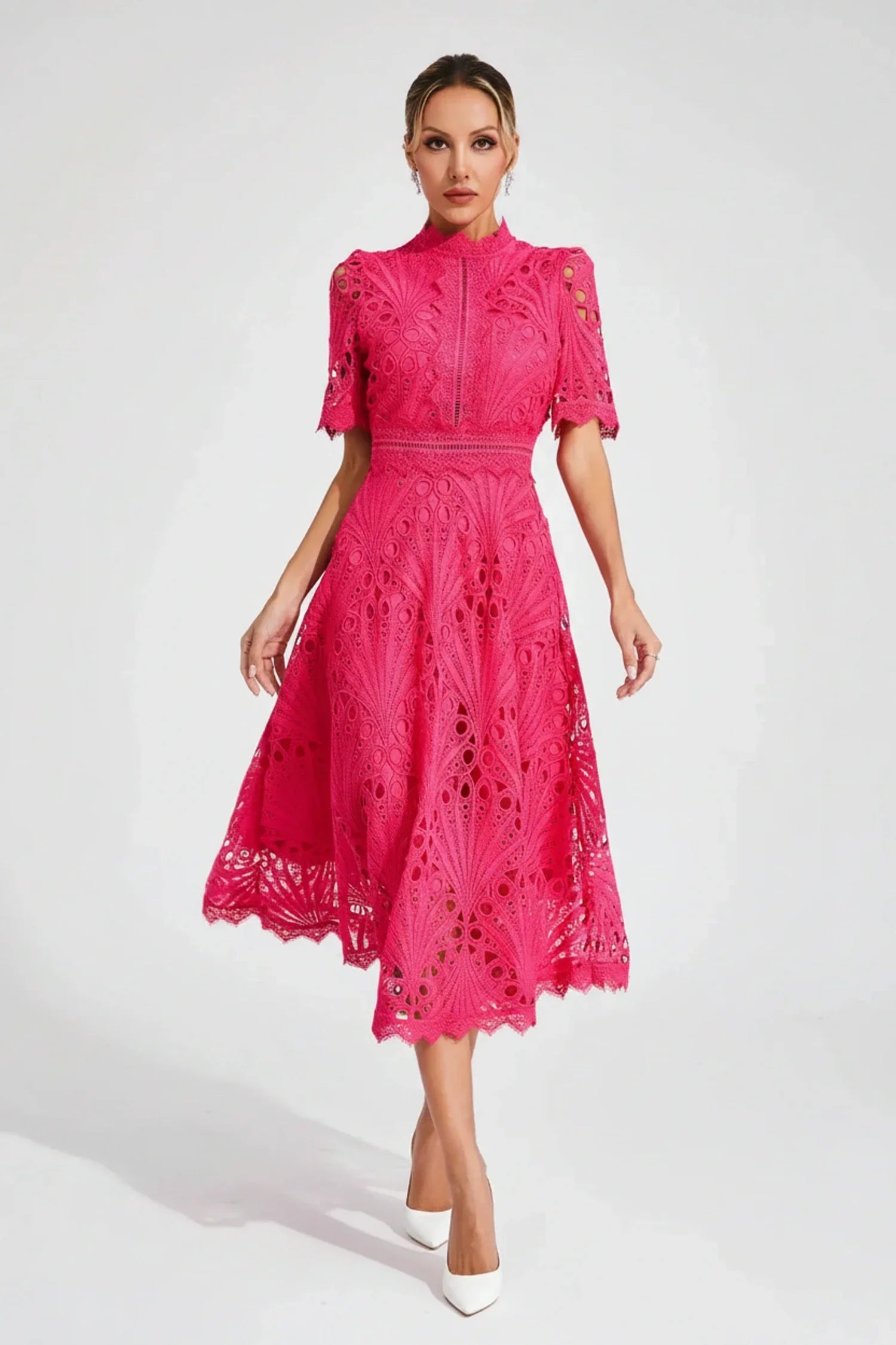 Mia | Women's Lace Midi Dress Puff Sleeve Pink