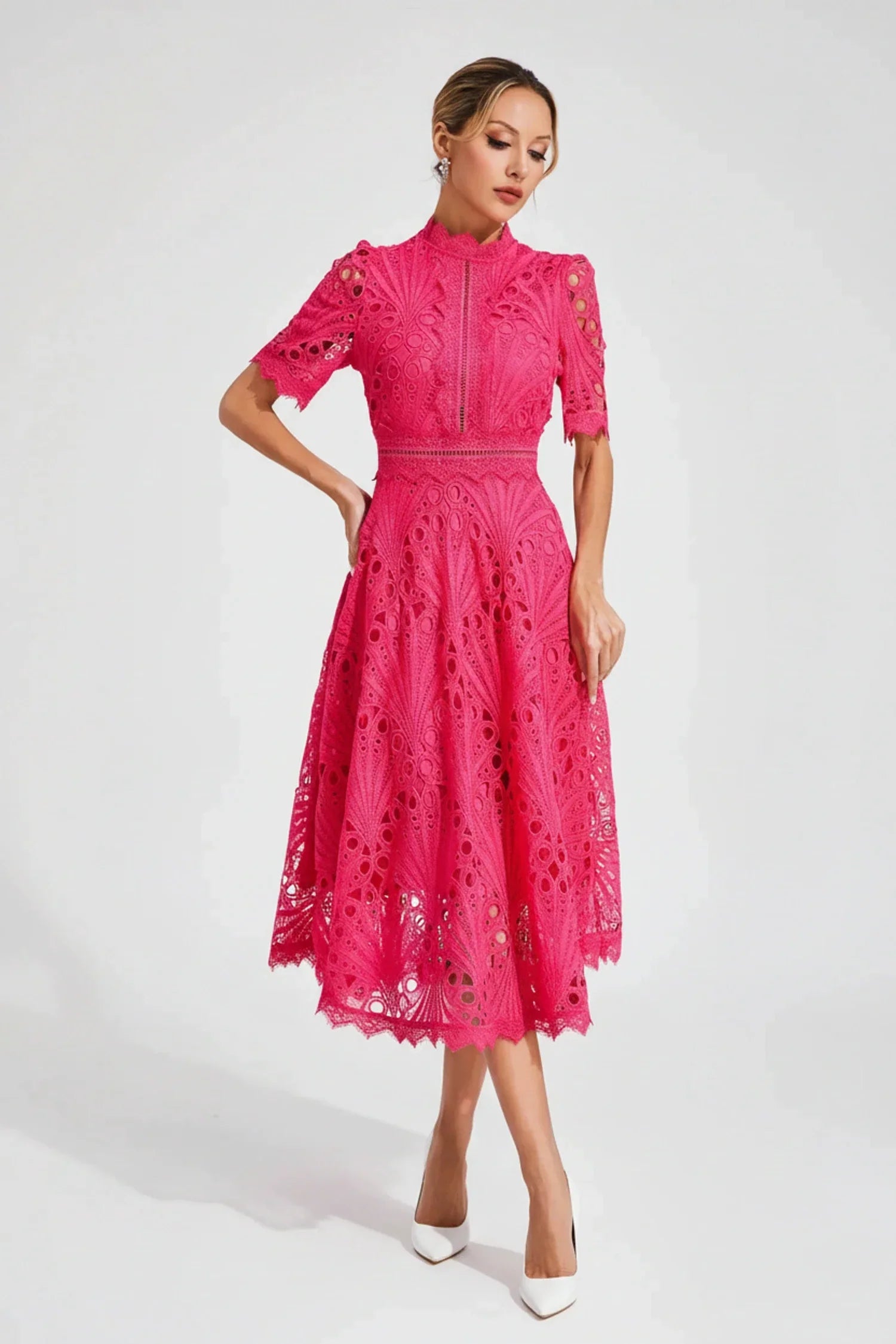 Mia | Women's Lace Midi Dress Puff Sleeve Pink