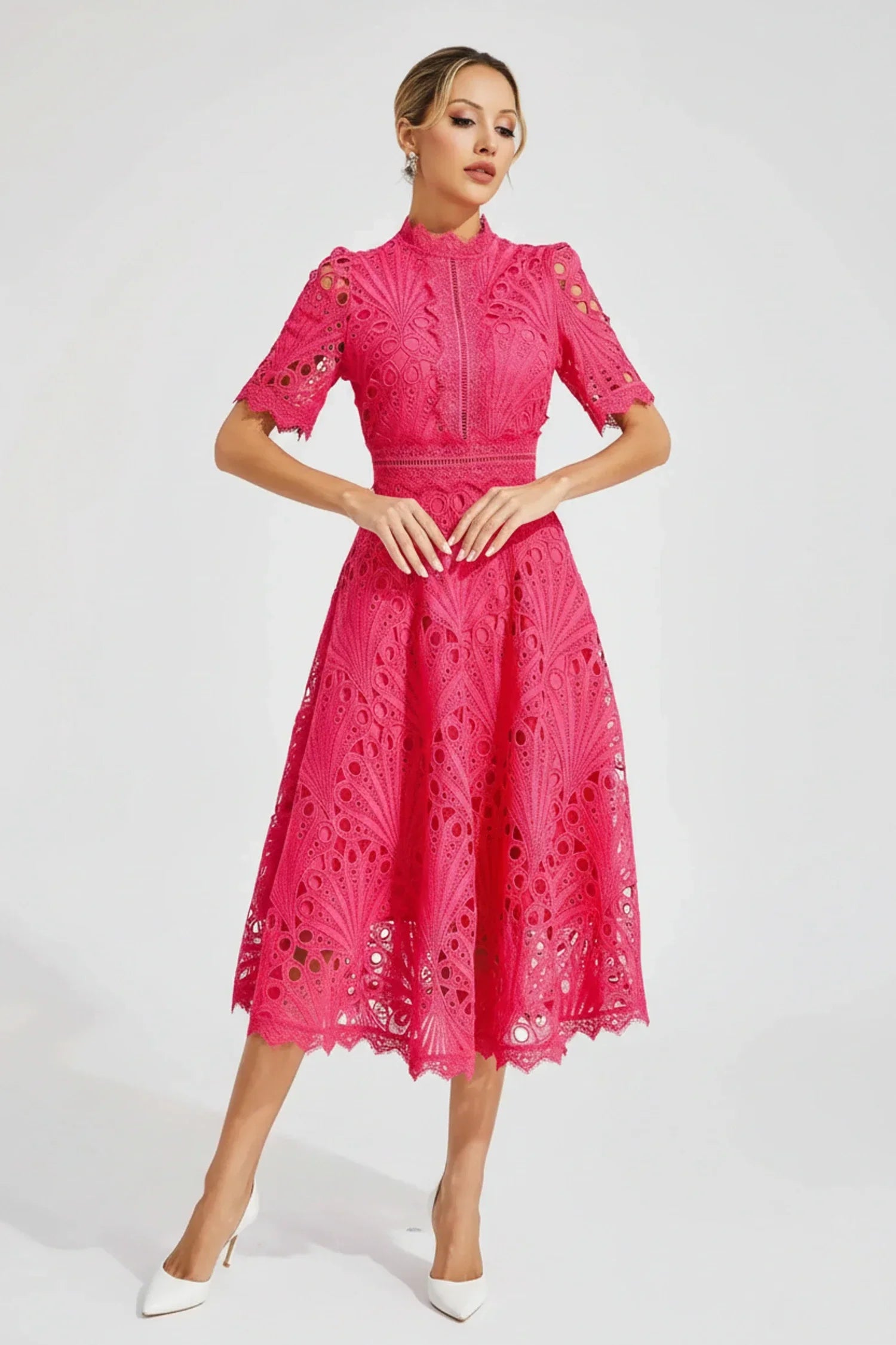 Mia | Women's Lace Midi Dress Puff Sleeve Pink