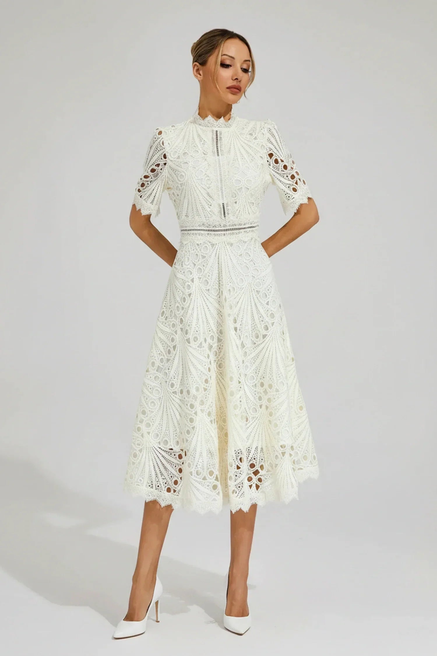 Mia | Women's Lace Midi Dress Puff Sleeve Pink