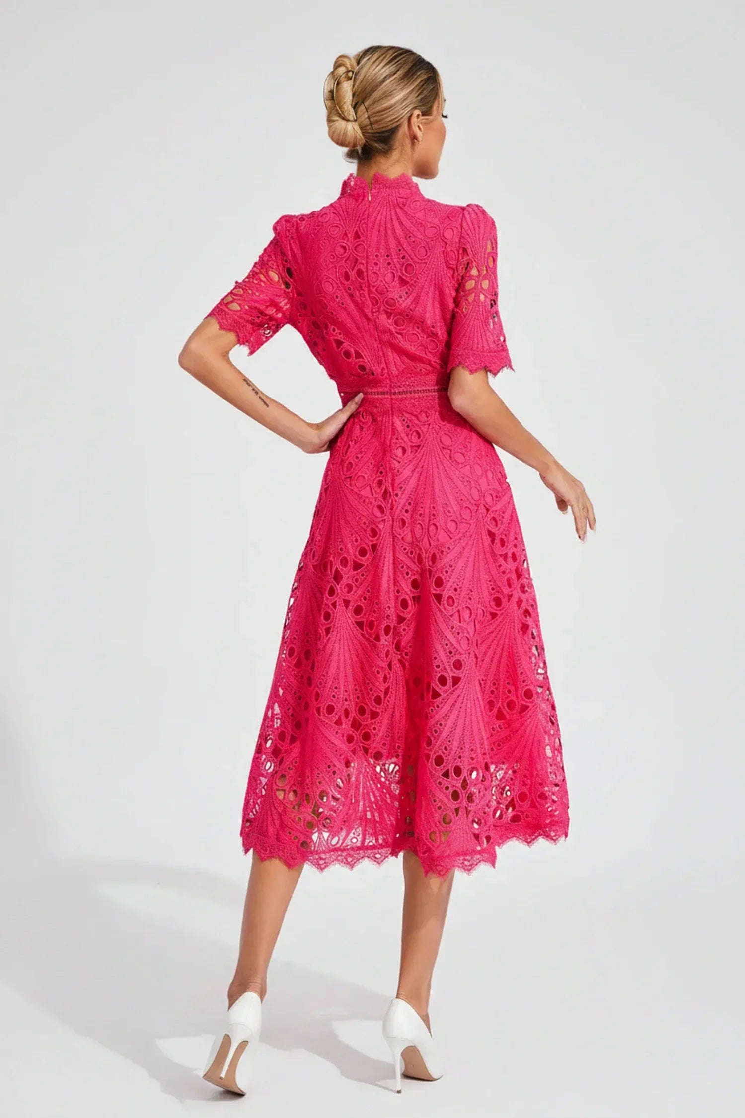 Mia | Women's Lace Midi Dress Puff Sleeve Pink