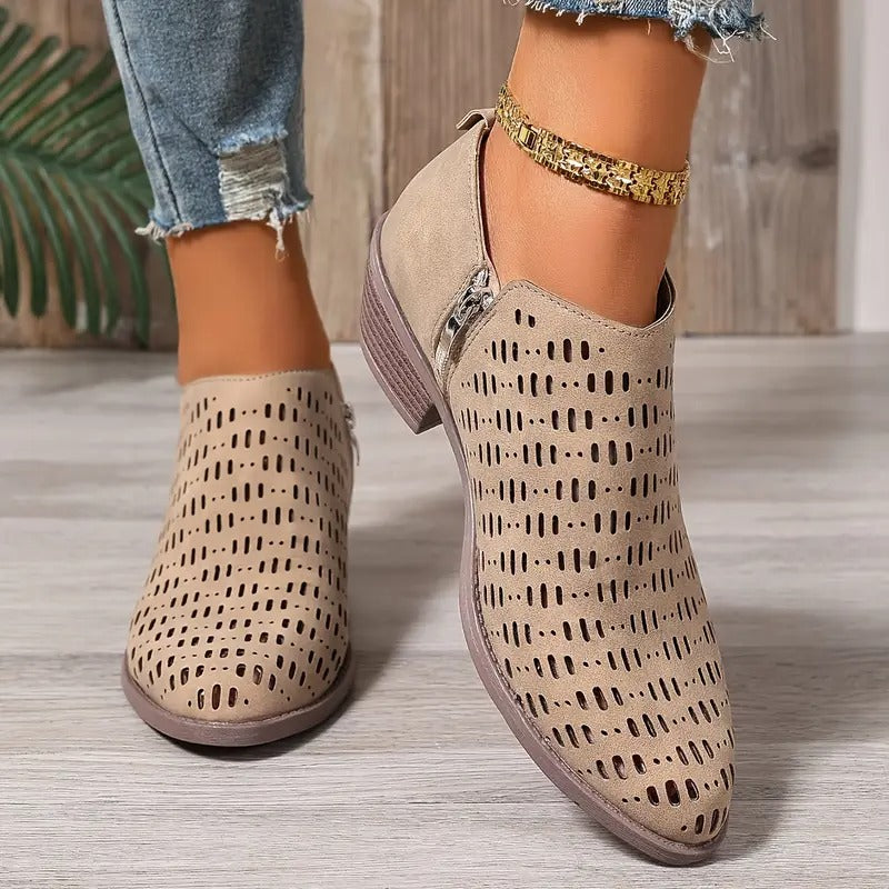 Thea | Women's Perforated Ankle Boots Cream Comfortable Short Heel