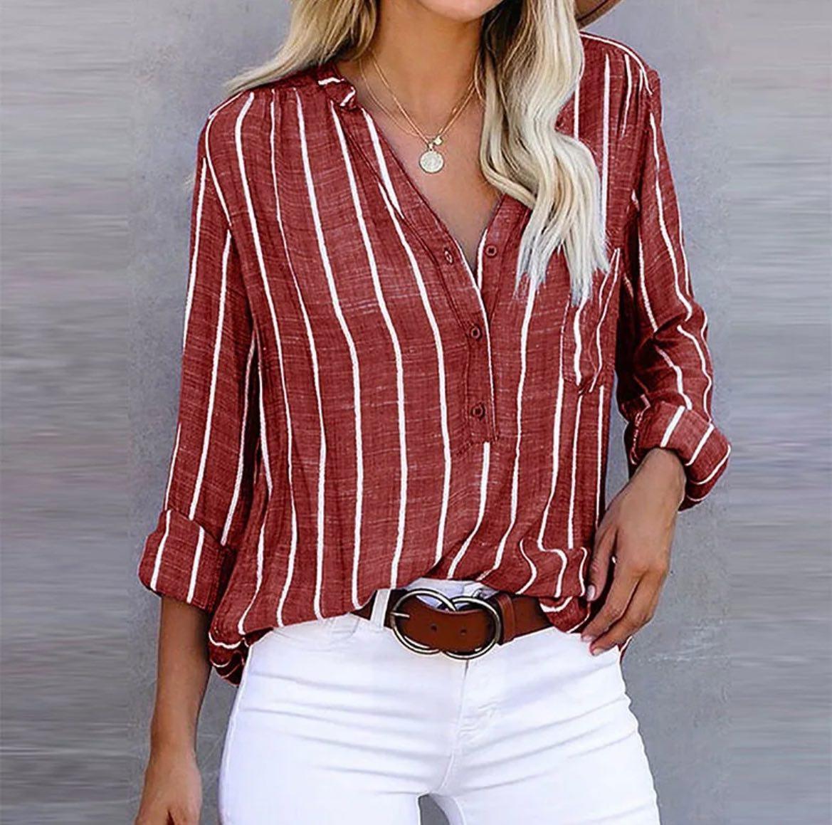 Lola | Women's Striped Button Down Shirt Burgundy Long Sleeve