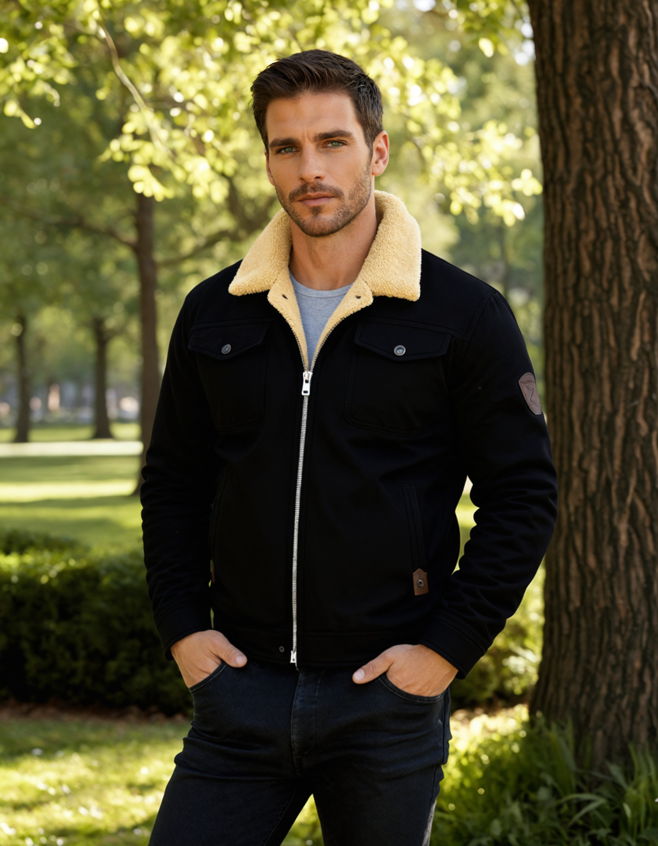 Sage | Men's Sherpa Lined Denim Jacket Black