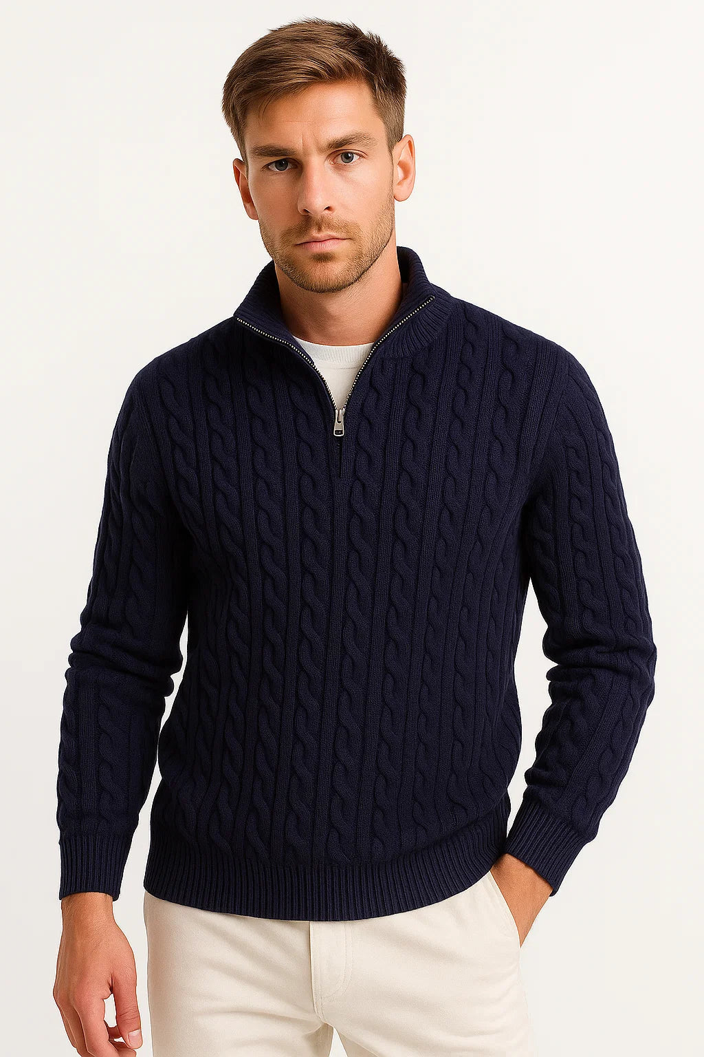 Axel | Men's Cable Knit Zip Neck Sweater Navy