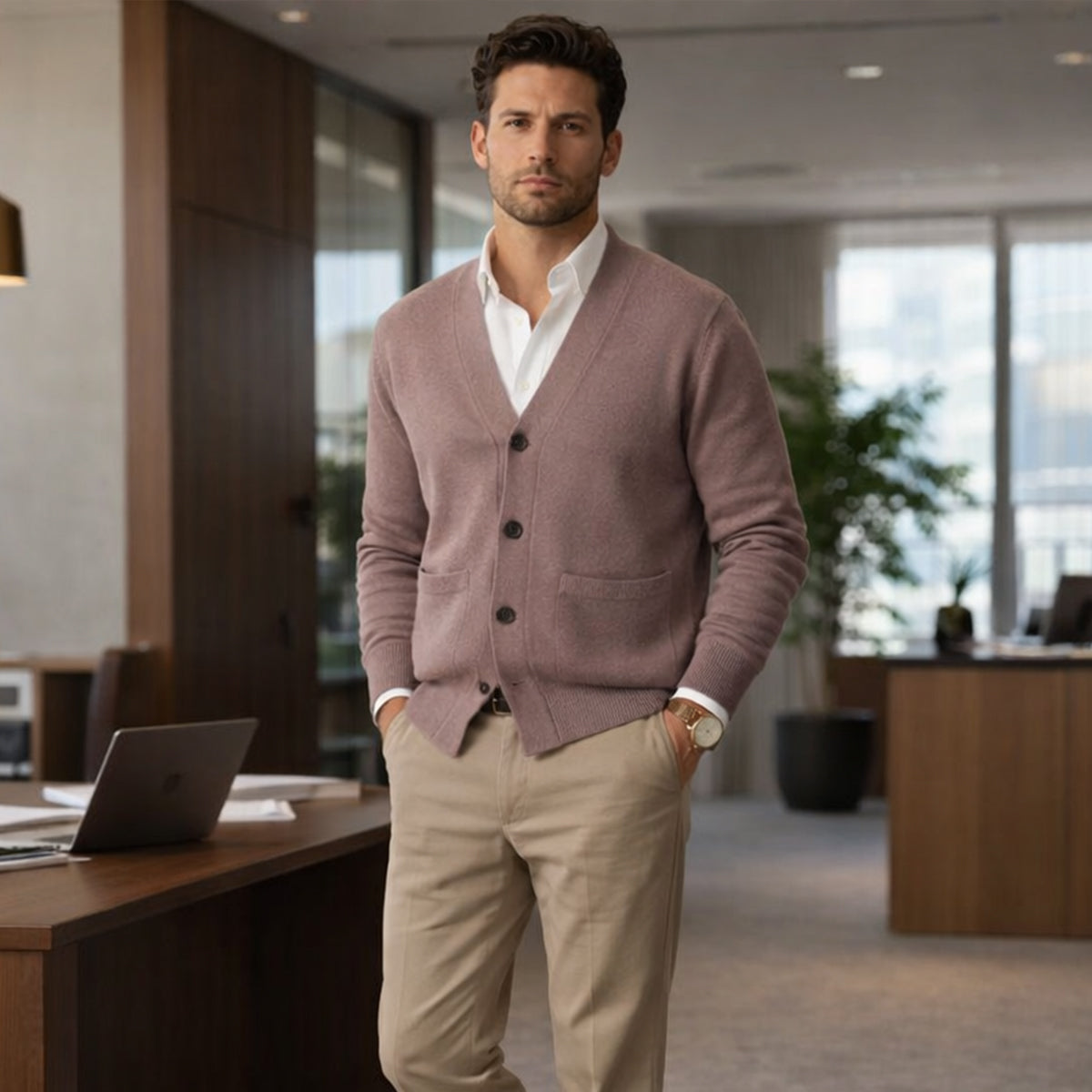 Bram | Men's Cashmere Cardigan Taupe V Neck Button Front