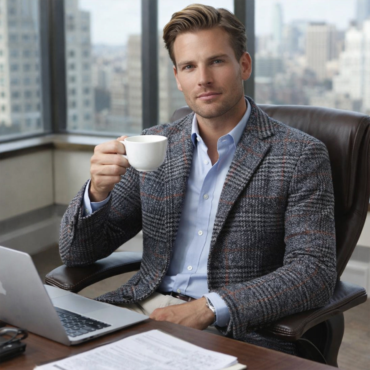 Beau | Men's Check Tweed Blazer Brown Houndstooth Fitted