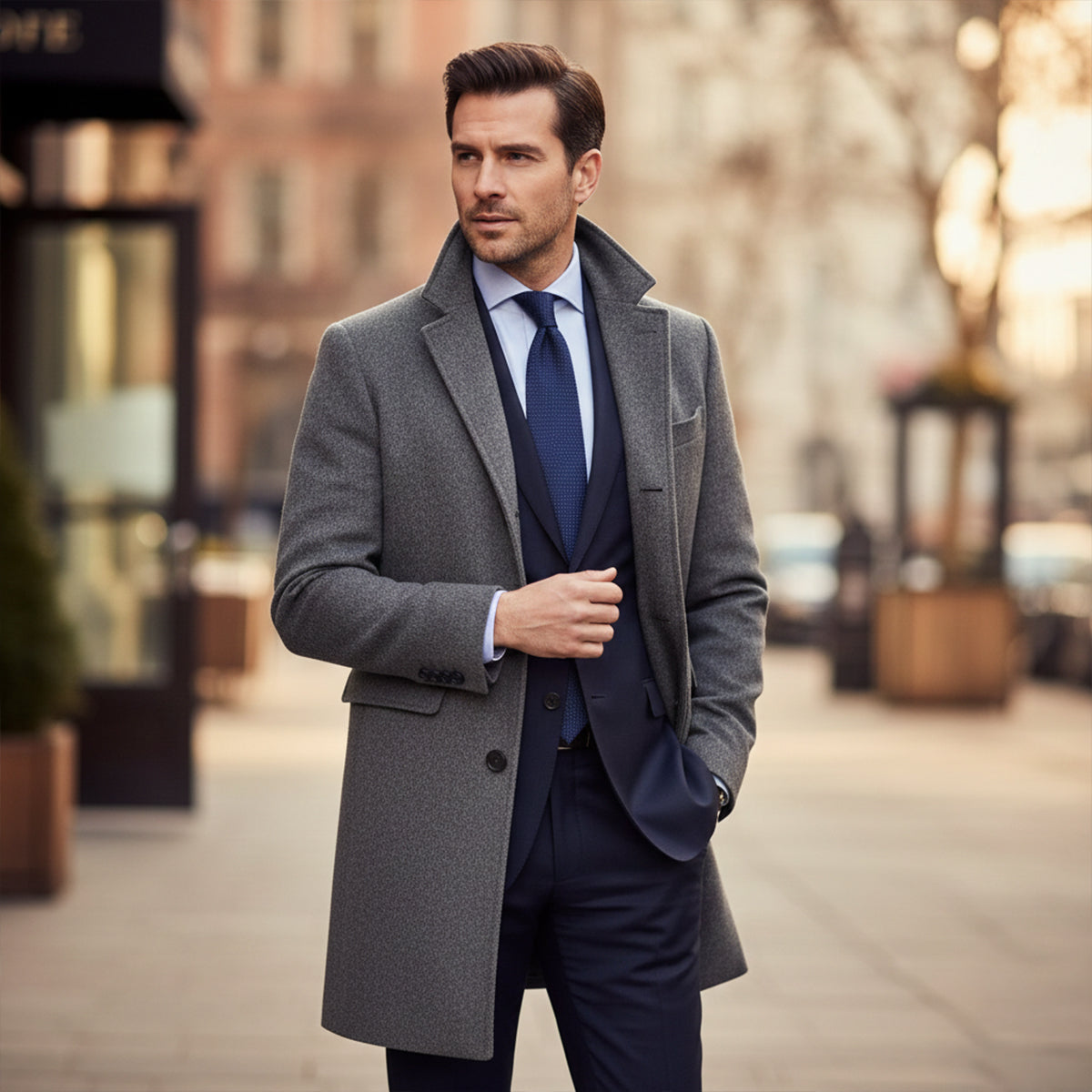 Voss | Men's Wool Blend Overcoat Gray Button Front