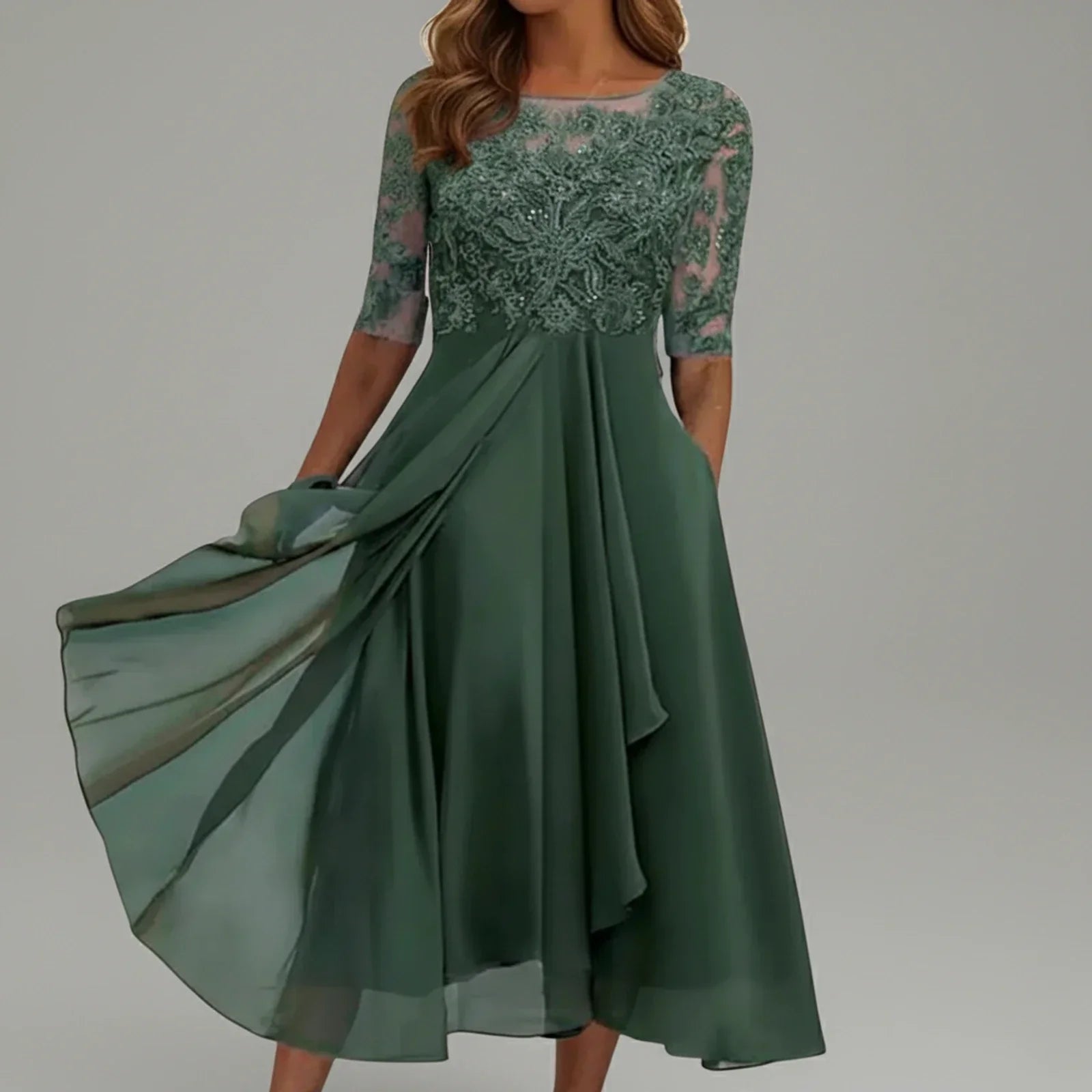 Lena | Women's Lace Chiffon Midi Dress Navy Three Quarter Sleeve