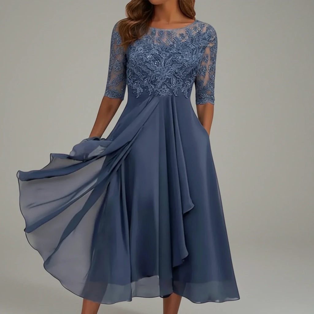 Dama Washington Lena women's lace chiffon midi dress navy three quarter sleeve - front view