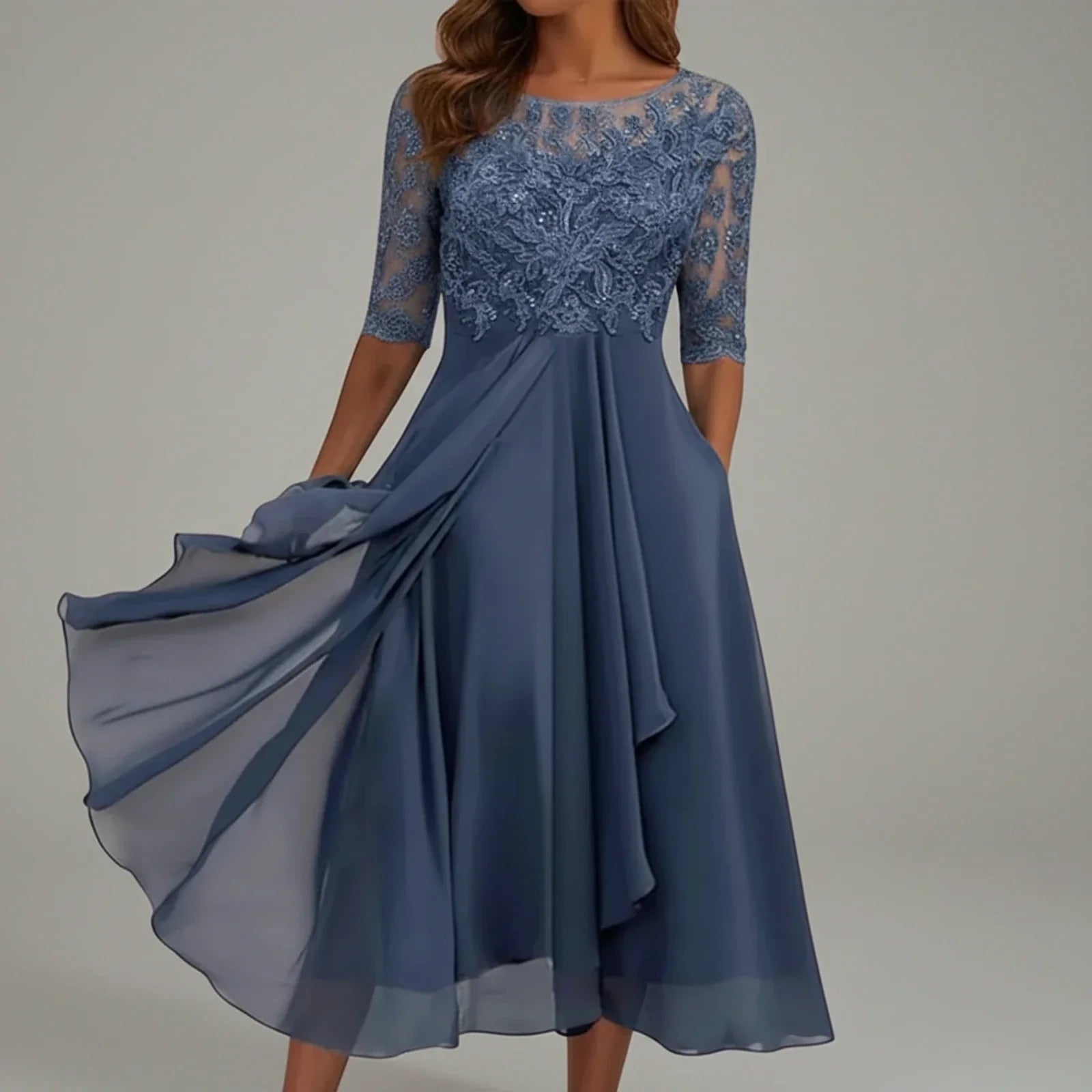 Lena | Women's Lace Chiffon Midi Dress Navy Three Quarter Sleeve