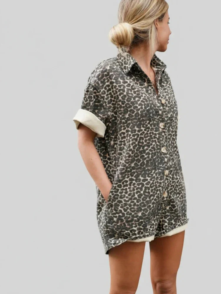 Isla | Women's Leopard Print Shirt Dress Cream Short Sleeve