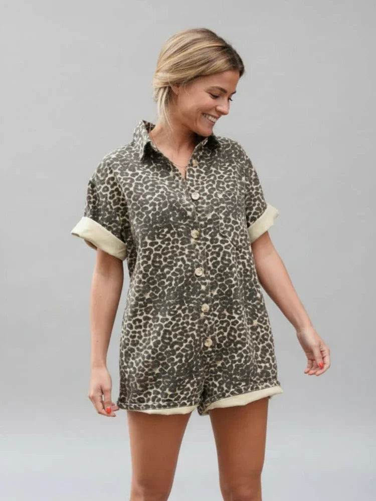 Isla | Women's Leopard Print Shirt Dress Cream Short Sleeve