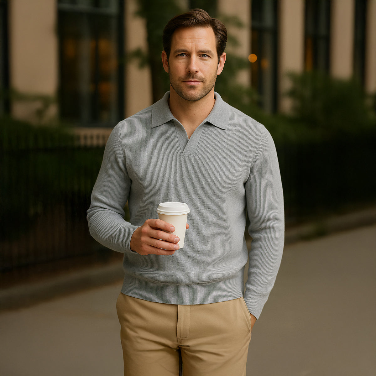 Axel | Men's Ribbed Polo Sweater Gray Long Sleeve