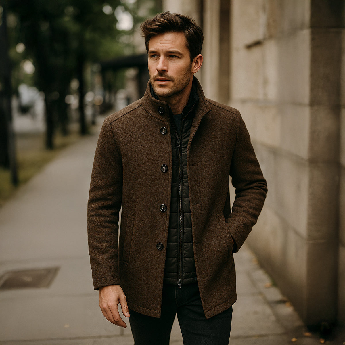 Callum | Men's Wool Blend Overcoat Brown Button Front
