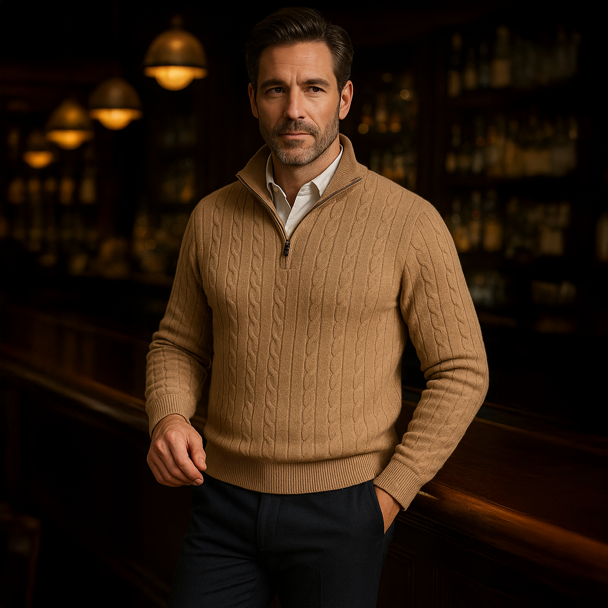 Voss | Men's Cable Knit Quarter Zip Sweater Navy