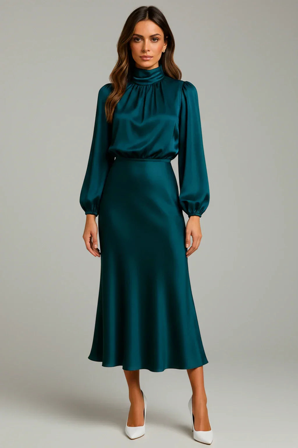 Alma | Women's Satin Midi Dress Long Sleeve Cream