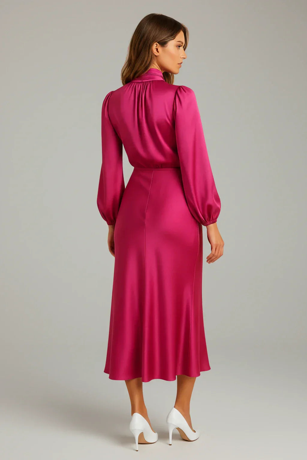 Alma | Women's Satin Midi Dress Long Sleeve Cream