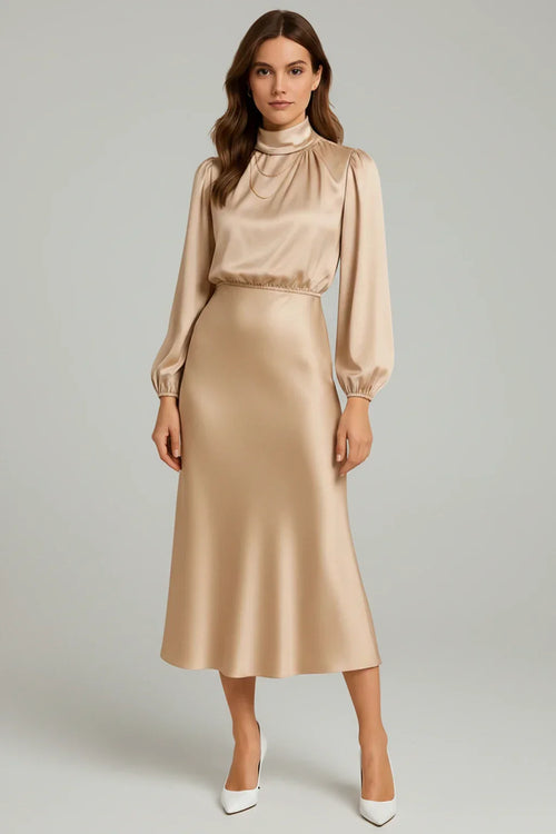 Dama Washington Alma women's satin midi dress long sleeve cream - front view